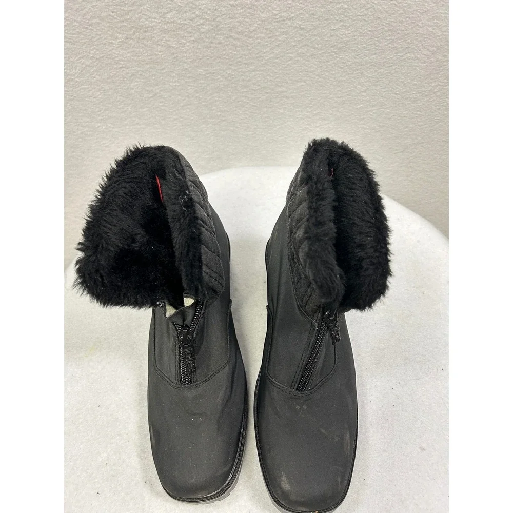 Totes Zippy Silkatex Winter Boots Womens 8 Black Faux Fur Trim Front Zip Quilted
